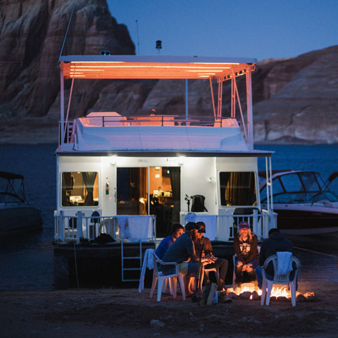 Antelope Point Marina Houseboat on Lake Powell Beach with Fire